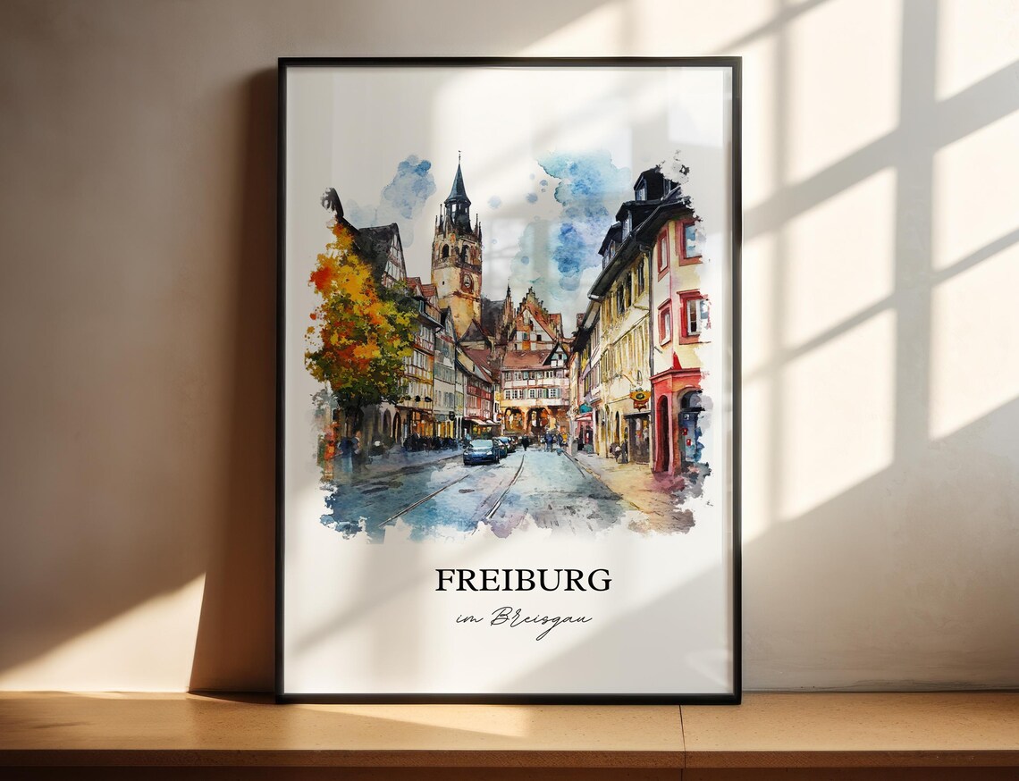 Freiburg im Breisgau Old Town Street Watercolor Travel Poster