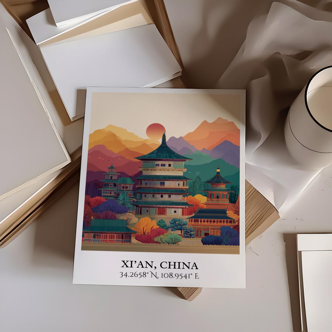 Xi'an China Ancient Pagoda Sunset Mountains Retro Travel Poster - Image 5