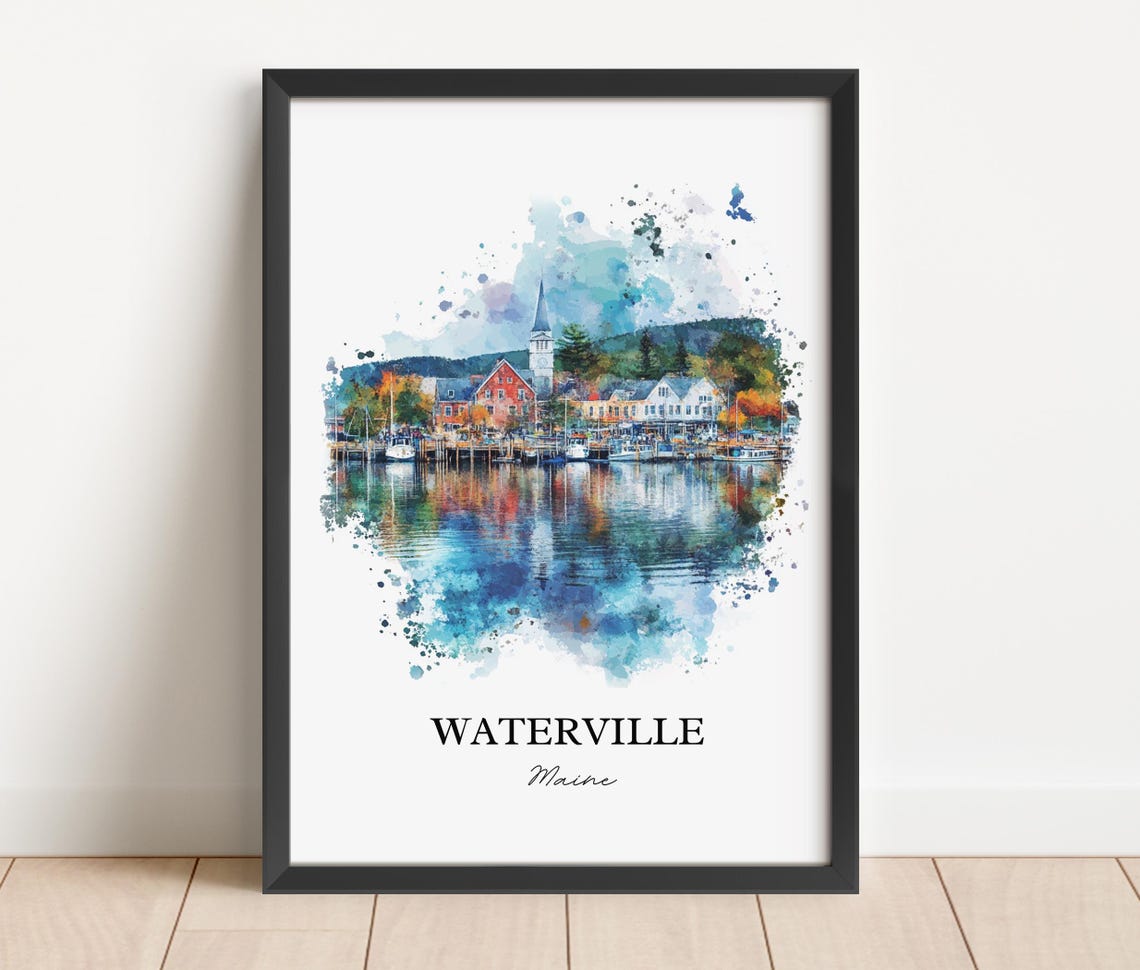 Waterville Maine Harbor Reflection Watercolor Travel Gift Poster - Image 3