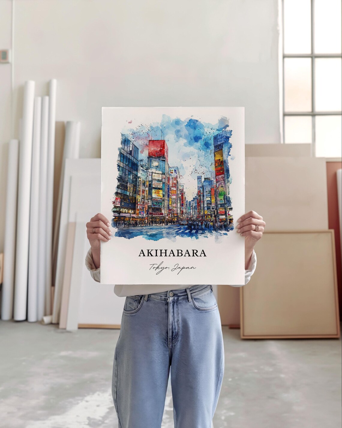 Akihabara District Tokyo Japan Neon Street Watercolor Art Poster - Image 3