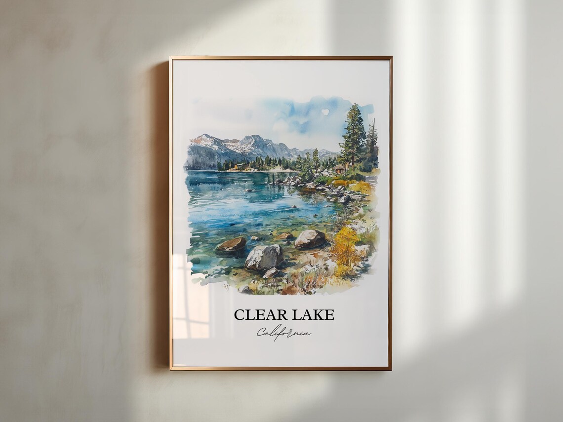 Clear Lake California Alpine Shoreline Pine Watercolor Lake Poster - Image 3