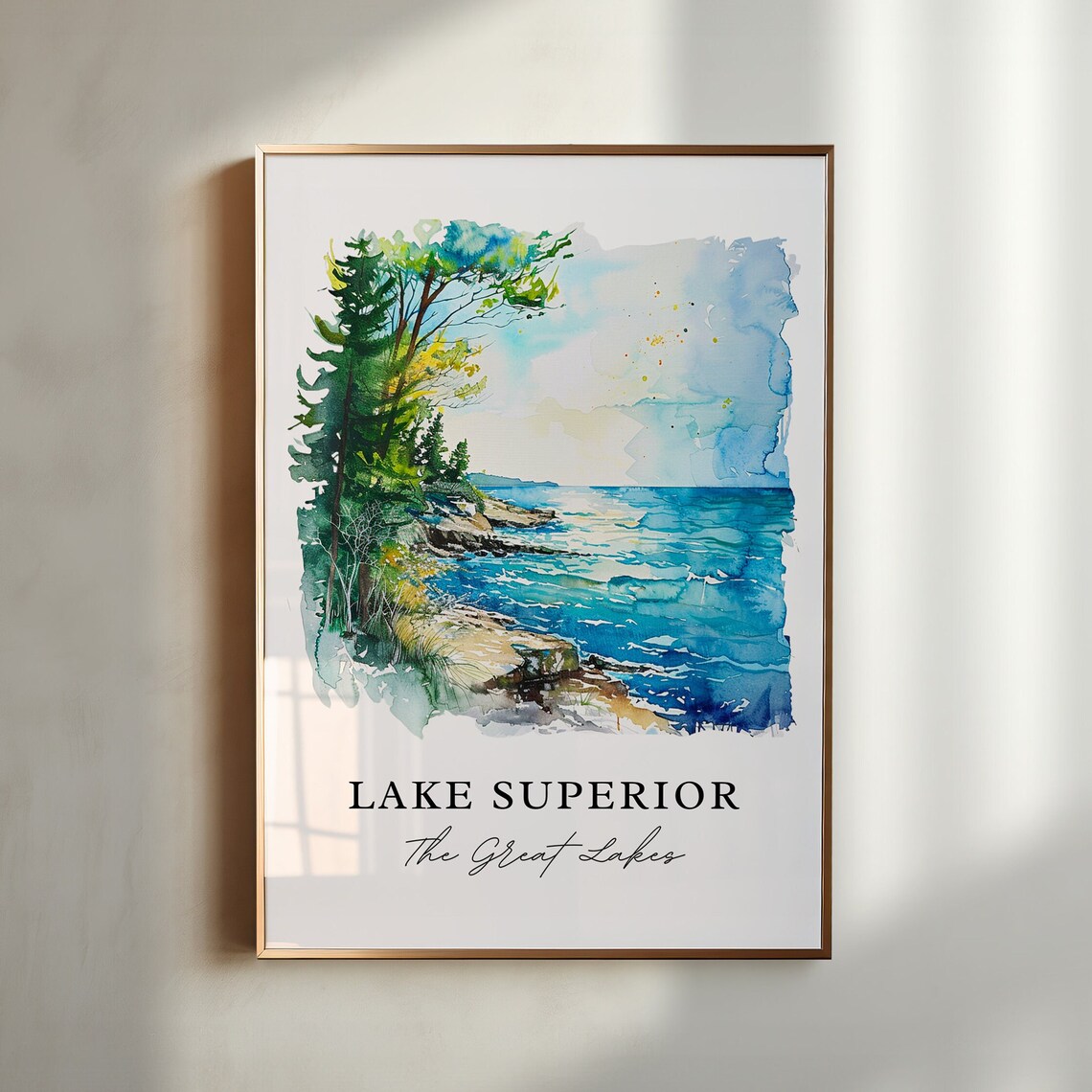 Lake Superior Watercolor Travel Poster, Great Lakes