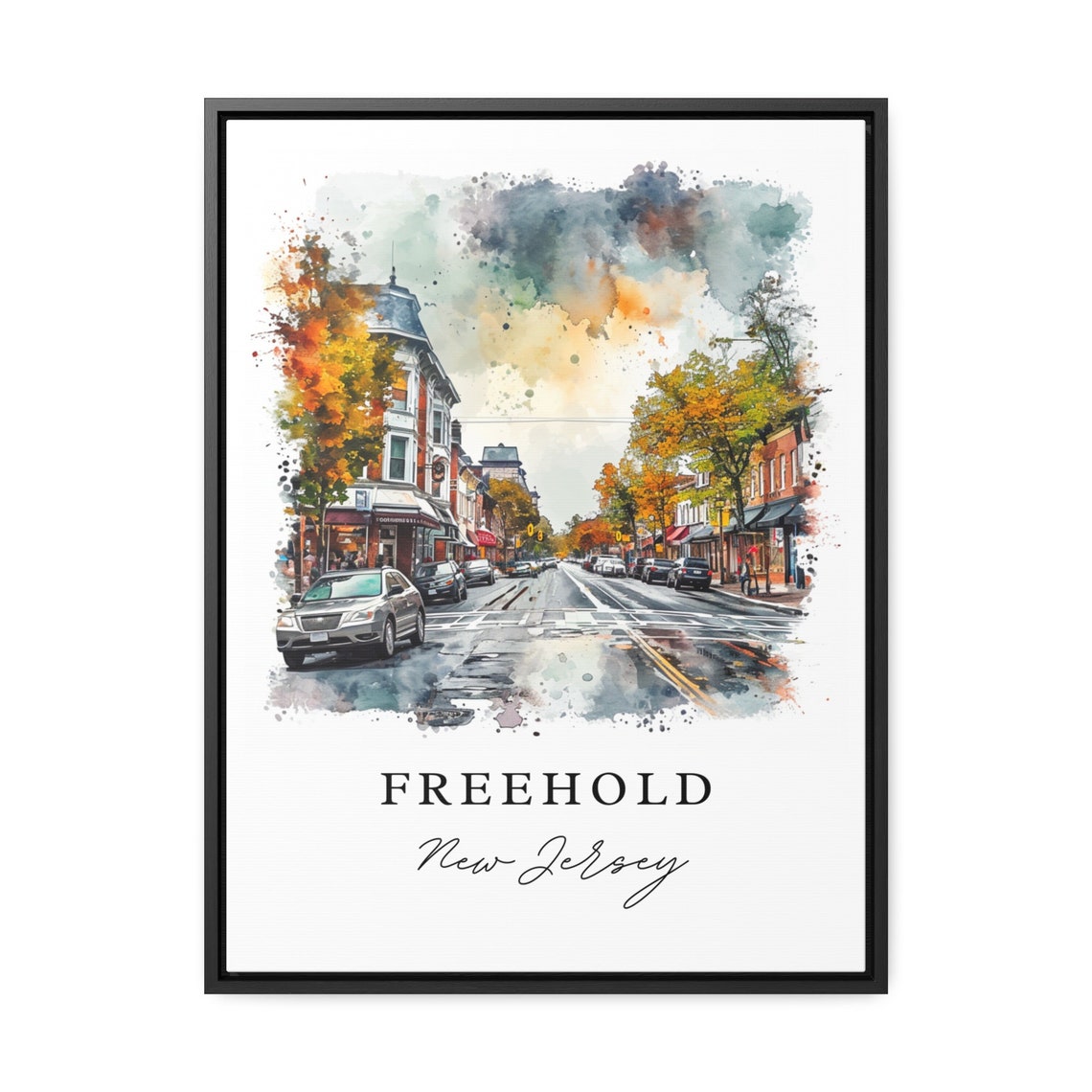 Freehold New Jersey Watercolor Rainy Downtown Street Scene Poster - Image 3