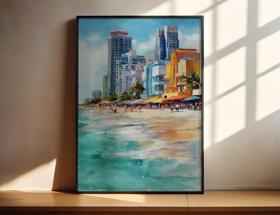 Miami Beach Watercolor Beachfront Art Deco Buildings Travel Poster