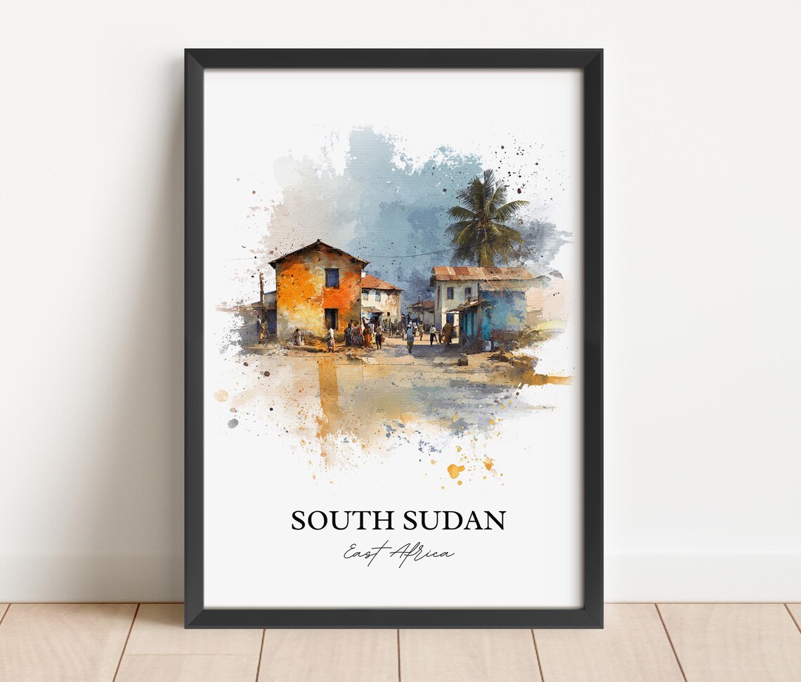 South Sudan East Africa Village Street Watercolor Travel Poster - Image 4