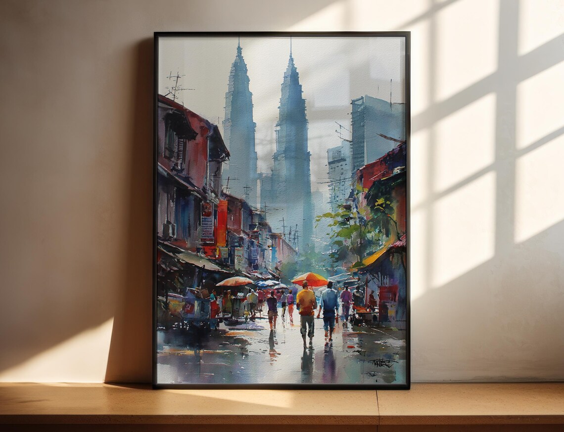 Kuala Lumpur Street Market With Petronas Twin Towers Watercolor Poster
