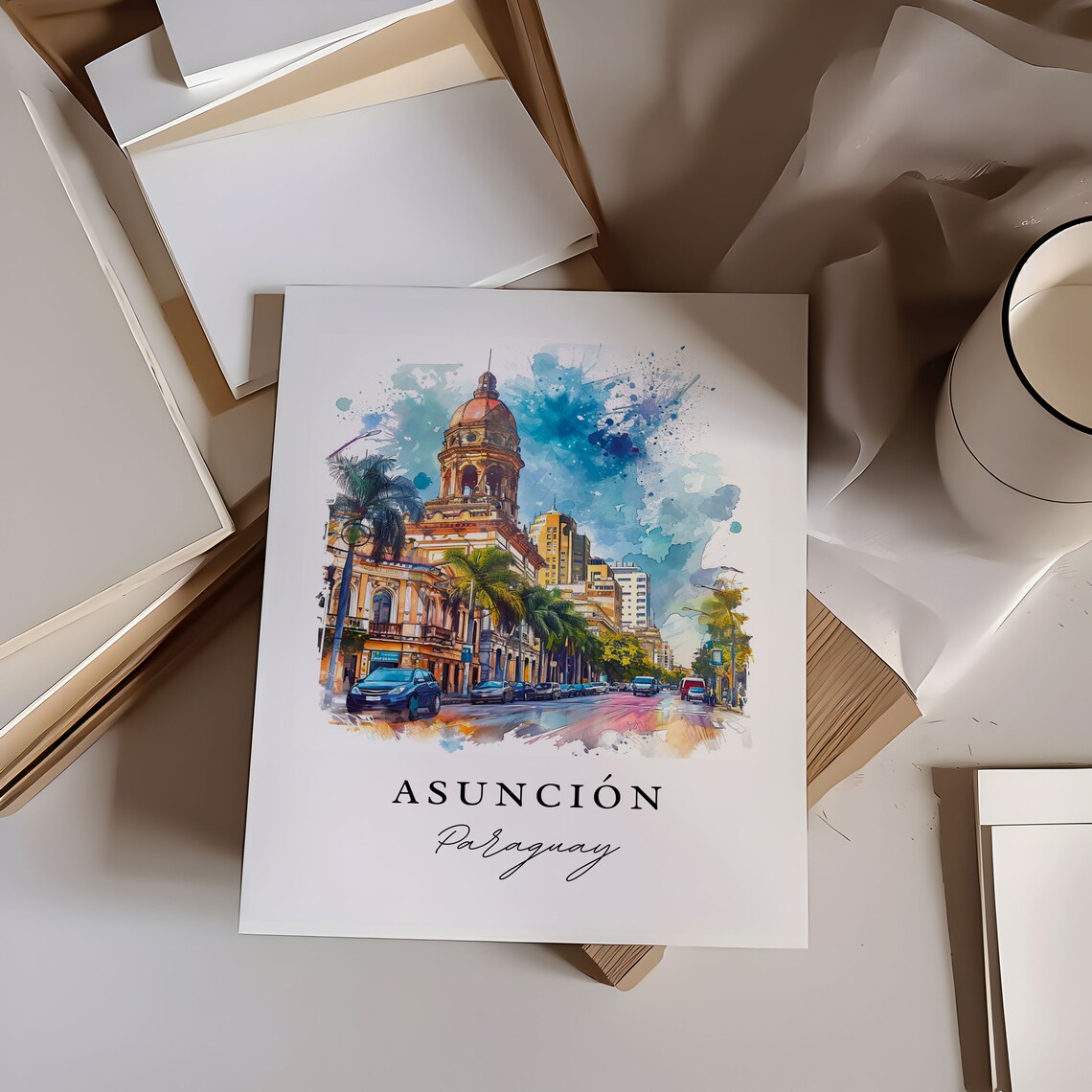 Asuncion Paraguay Historic Tower Watercolor Street Scene Poster - Image 6