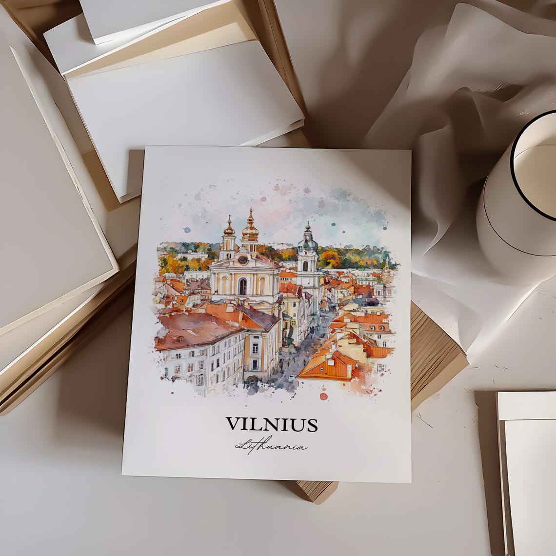 Vilnius Lithuania Old Town Churches Watercolor Travel Poster - Image 3