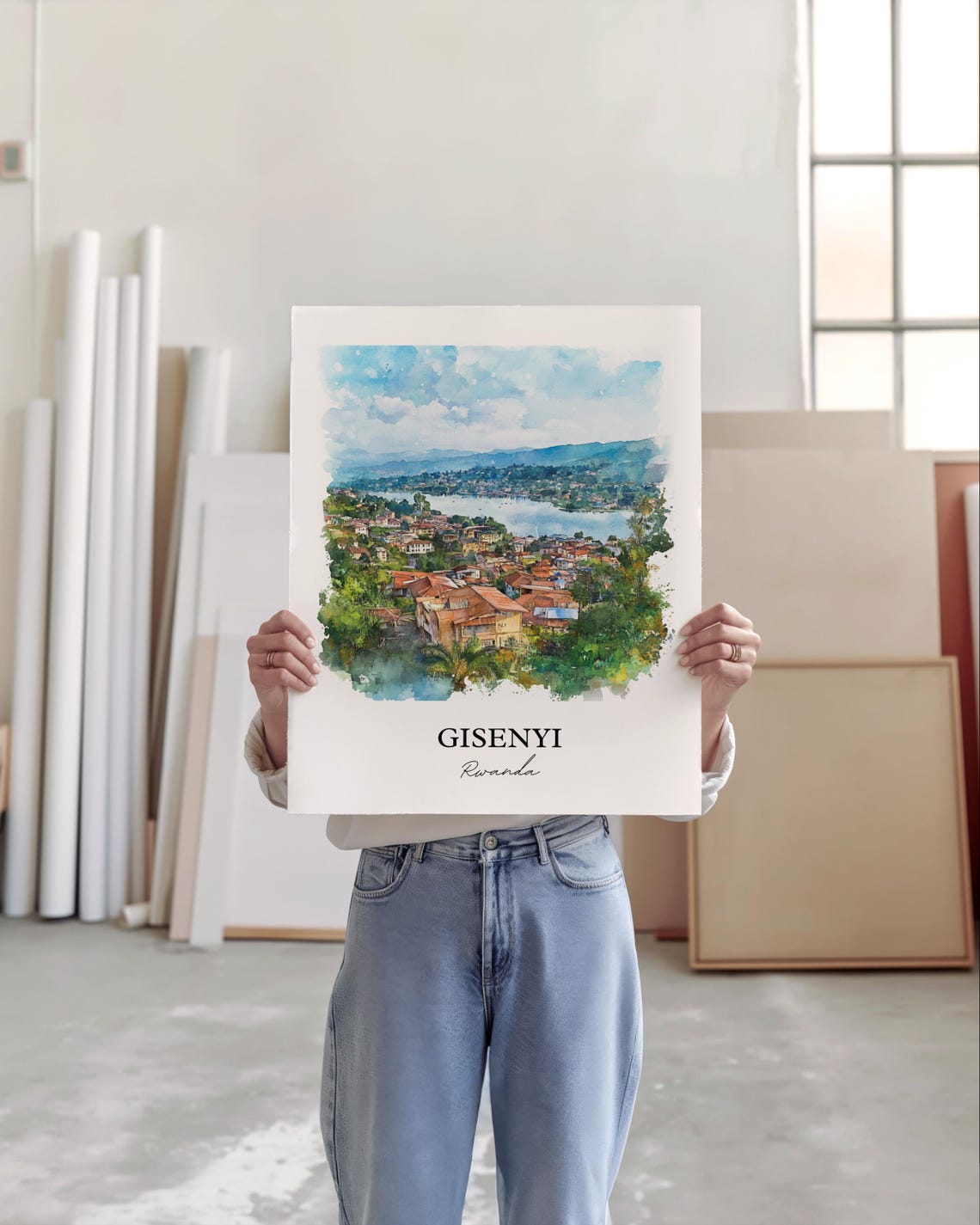 Gisenyi Rwanda African Watercolor Lakeside Hills Town Art Poster - Image 6