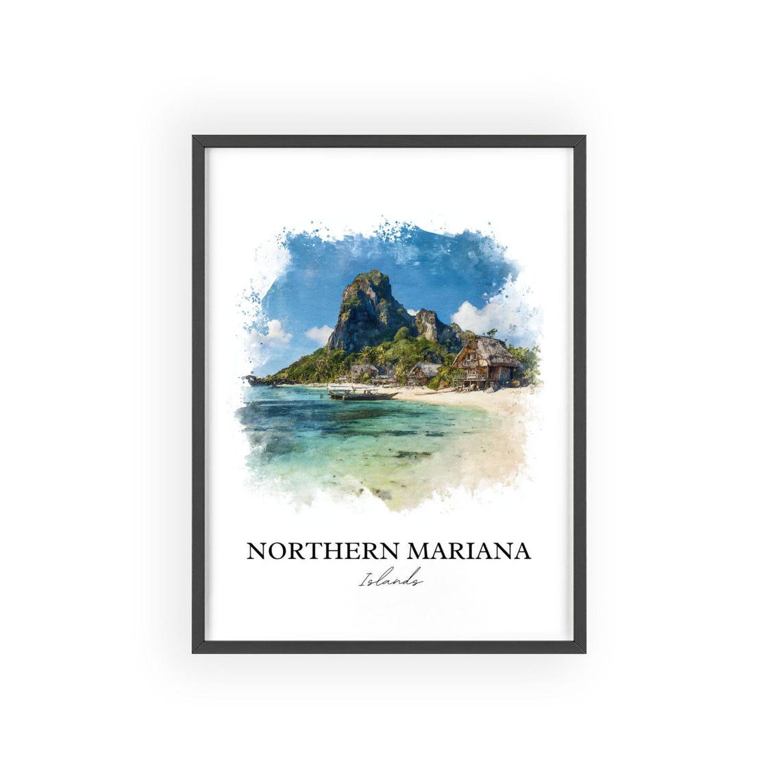 Northern Mariana Islands Tropical Beach Mountain Watercolor Poster - Image 2