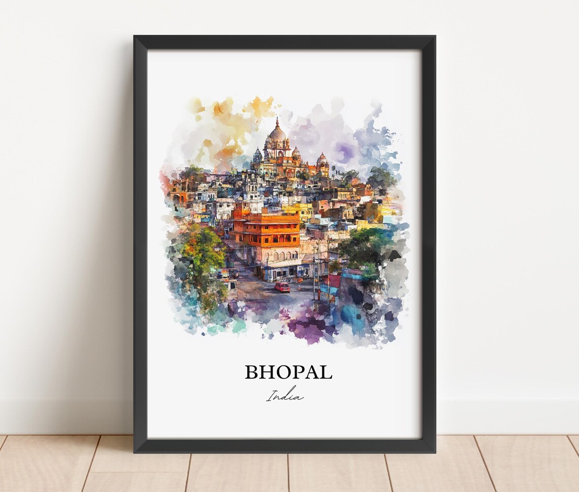 Bhopal India Watercolor Old City Temple Skyline Travel Poster - Image 3