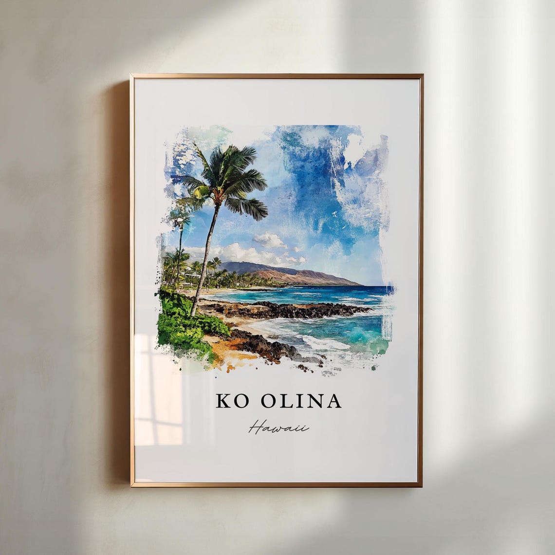 Ko Olina Hawaii Palm Tree Rocky Lagoon Watercolor Travel Poster