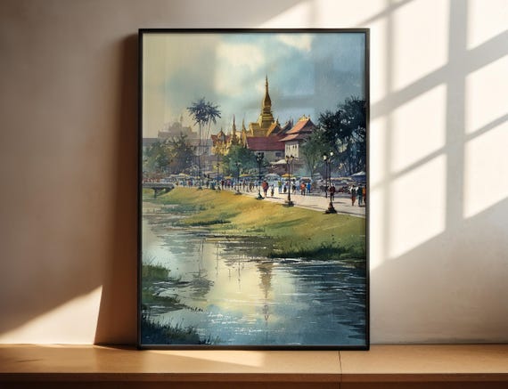 Vientiane Watercolor Art Laos Travel Print Artwork Decor Cityscape Wall