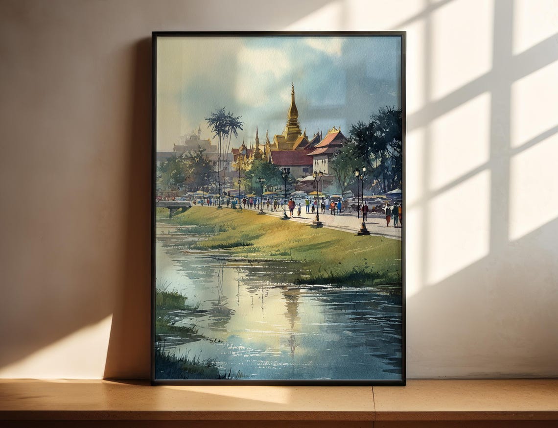 Vientiane Watercolor Art Laos Travel Print Artwork Decor Cityscape Wall