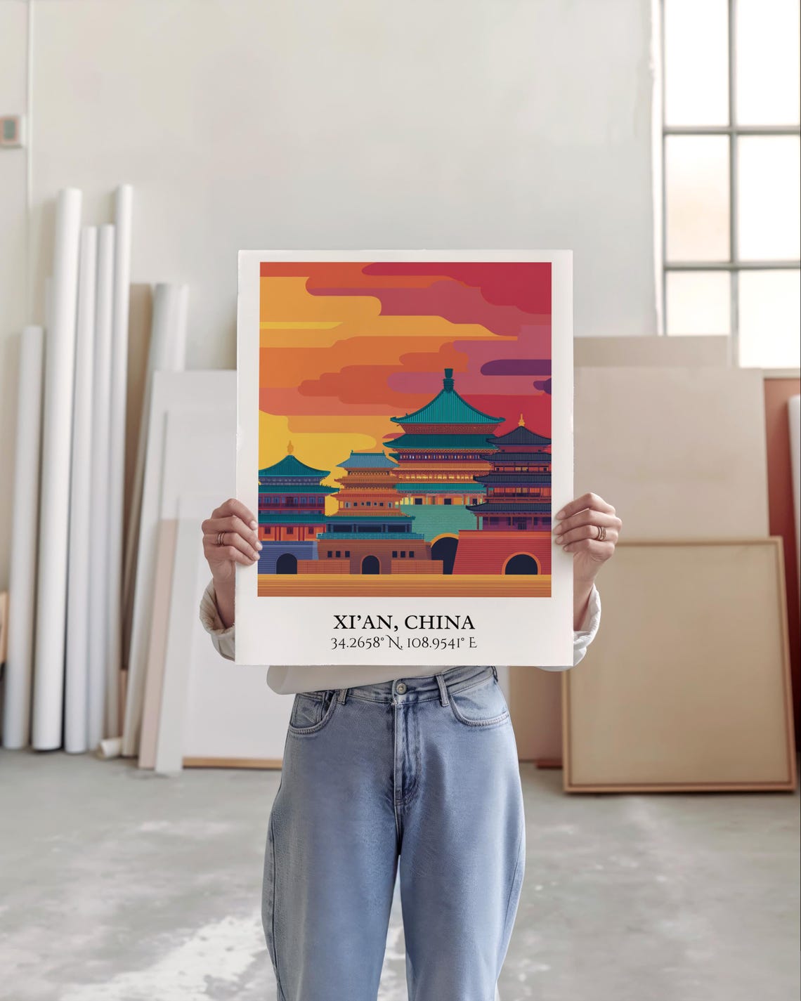 Xi An China Colorful Temple Sunset Skyline Coordinates Travel Poster - Image 5