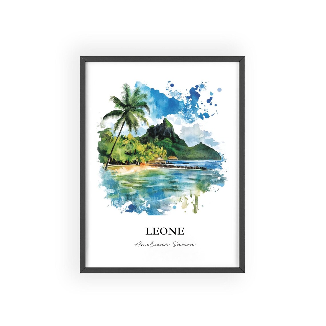 Leone American Samoa Palm Lagoon Mountain Watercolor Travel Poster - Image 2