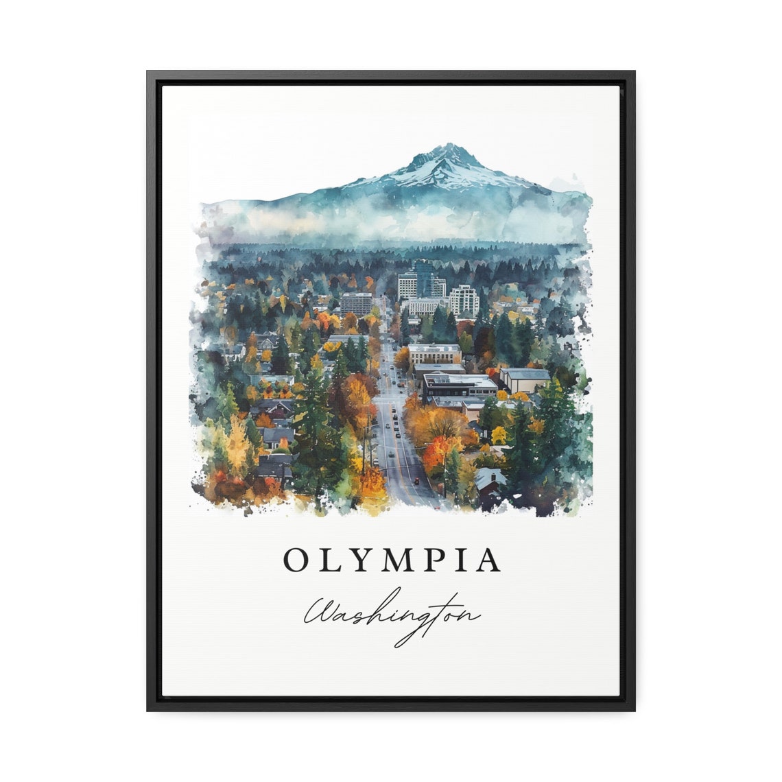 Olympia Washington Watercolor City Mountain Peak Evergreen View Poster - Image 2