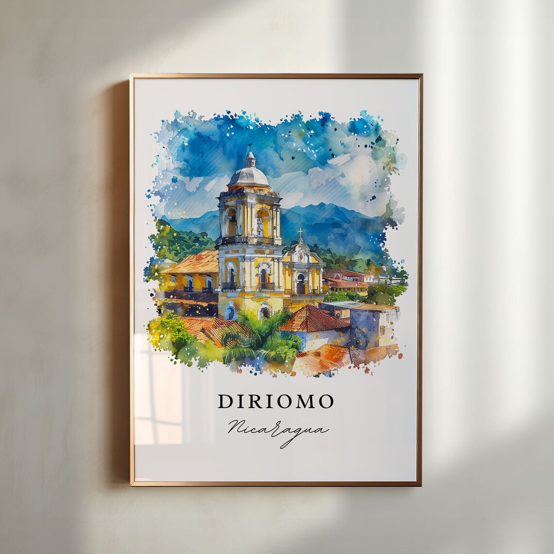 Diriomo Nicaragua Colonial Church Watercolor Village Travel Poster