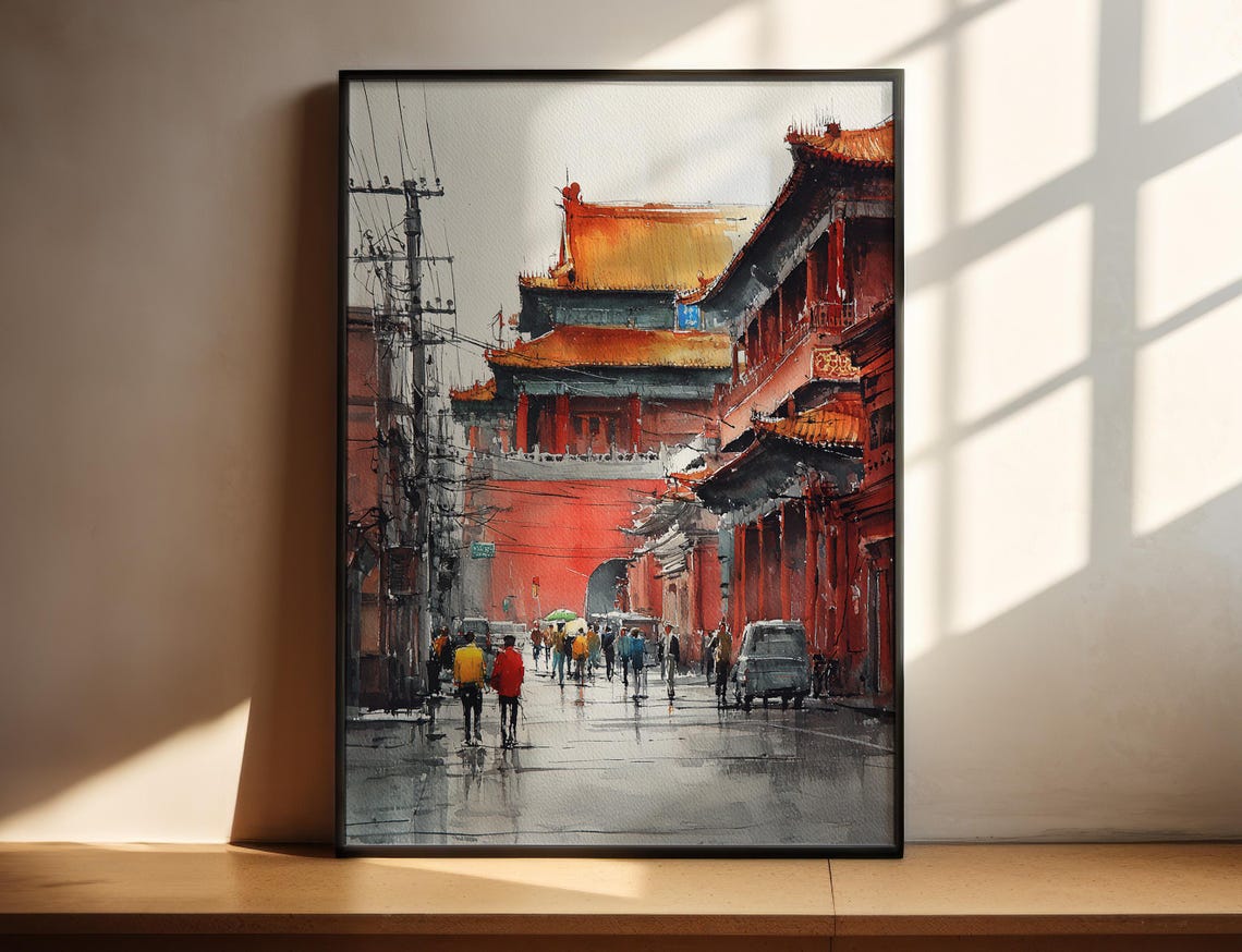 Beijing Imperial Palace Red Gate Watercolor Street Scene Poster