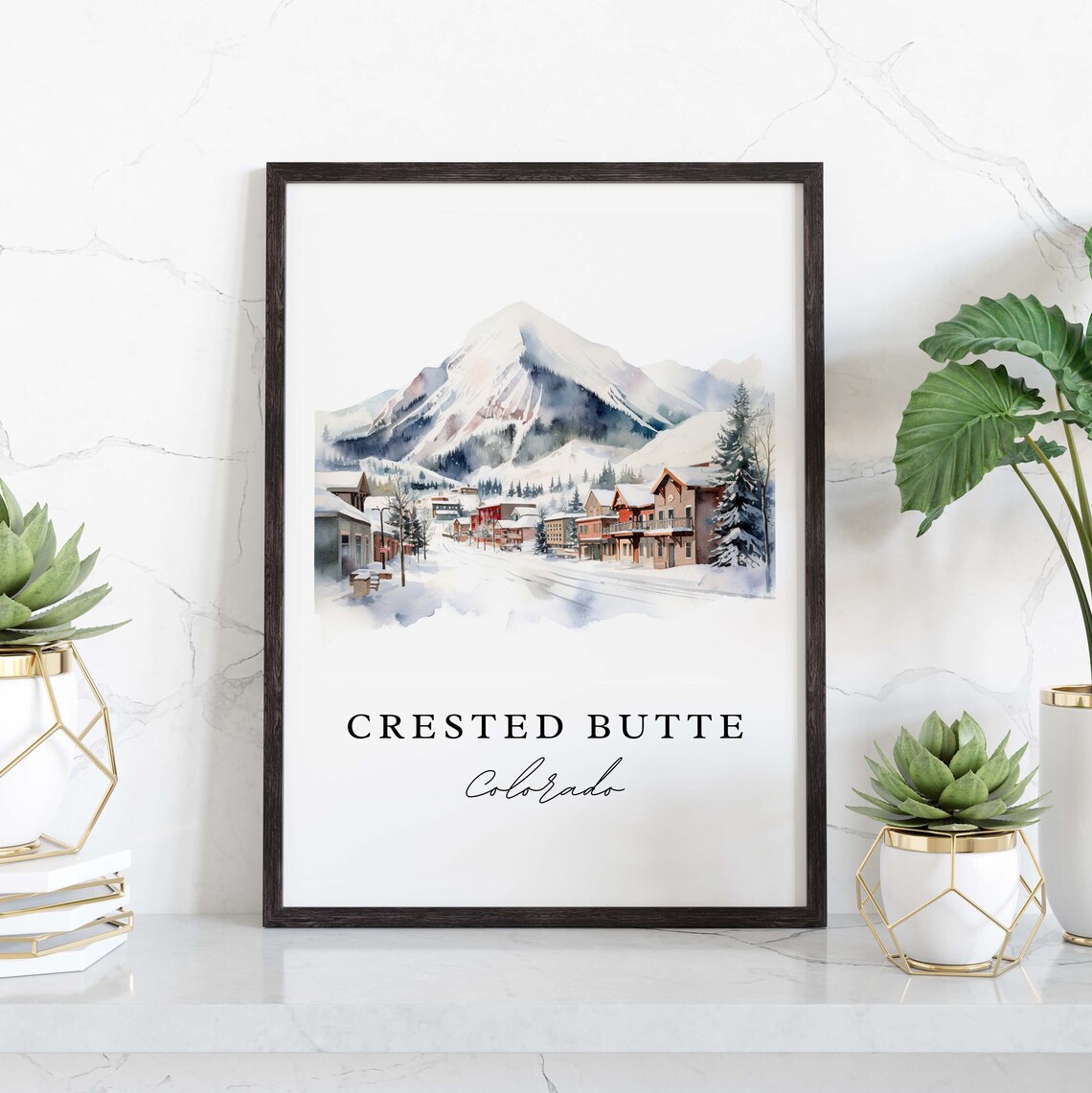 Crested Butte Colorado Snowy Mountain Town Watercolor Travel Poster - Image 3