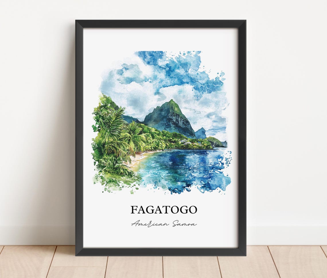 Fagatogo American Samoa Lush Peaks Bay Palm Watercolor Poster - Image 5