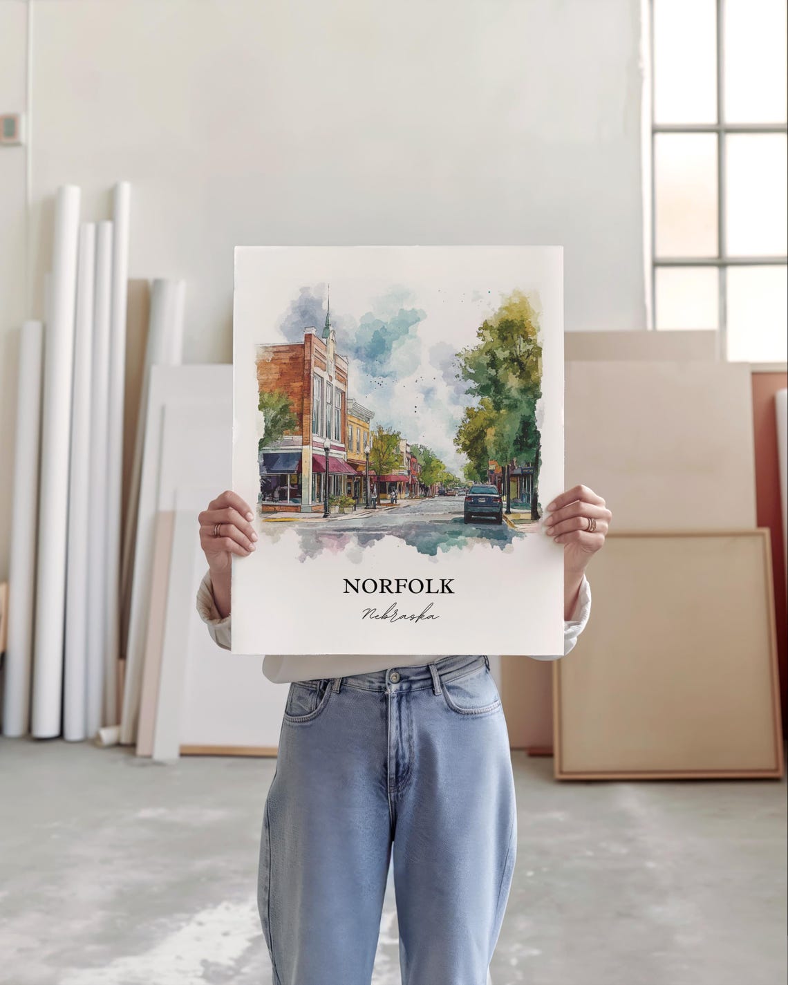 Norfolk Nebraska Charming Downtown Street Scene Watercolor Poster - Image 5