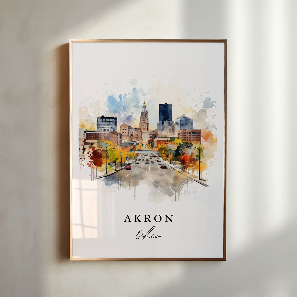 Akron Ohio Downtown Skyline Watercolor Print Home Decor Gift Art