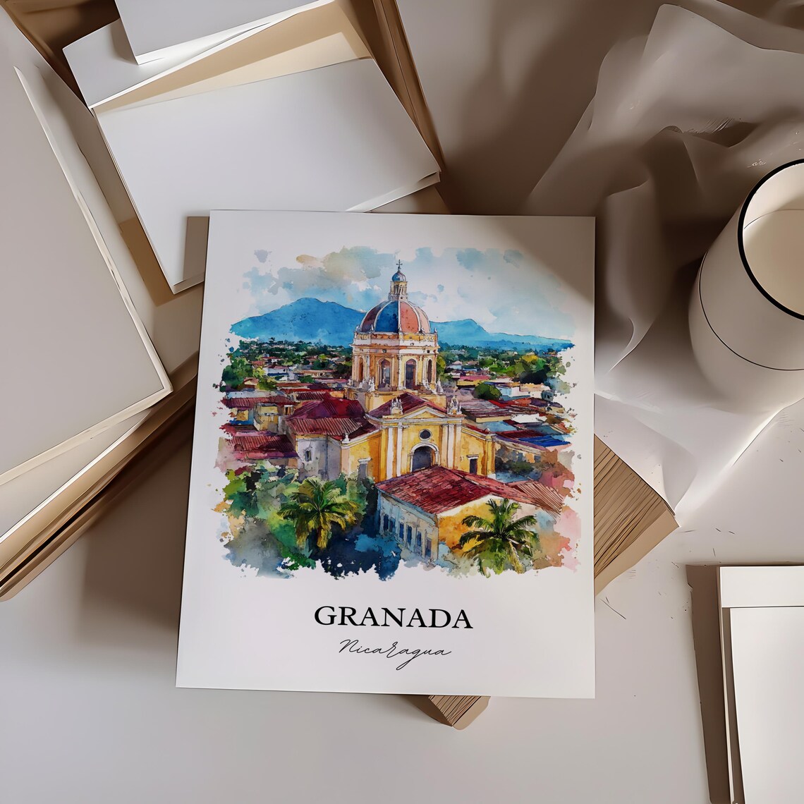 Granada Nicaragua Colonial Cathedral Aerial Watercolor Travel Poster - Image 4