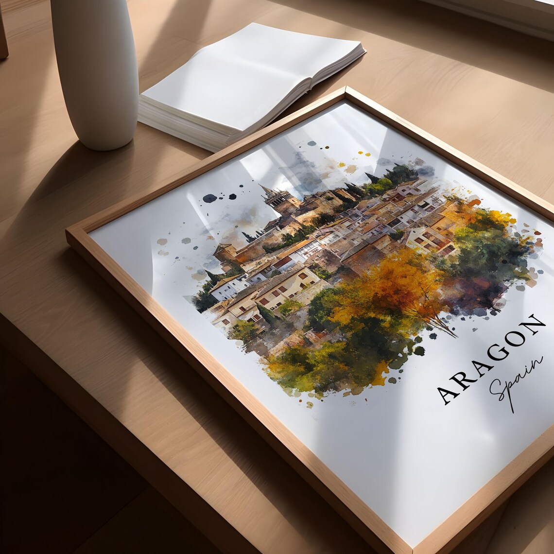 Aragon Spain Historic Hilltop Castle Town Watercolor Travel Poster - Image 4