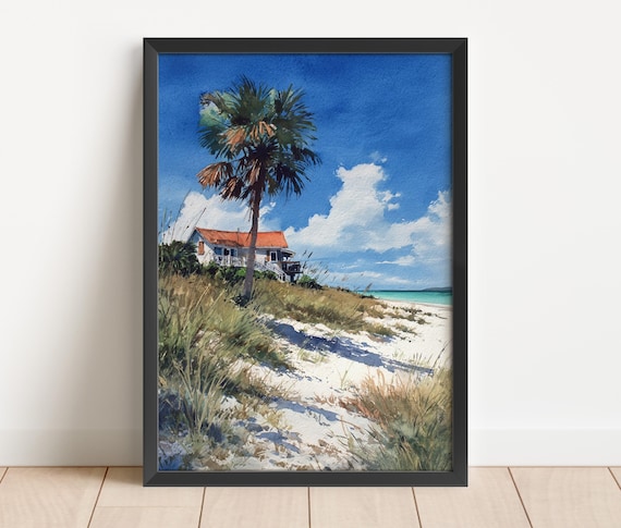Sanibel Island Florida Watercolor Palm Tree Beach Cottage Dunes Wall Art