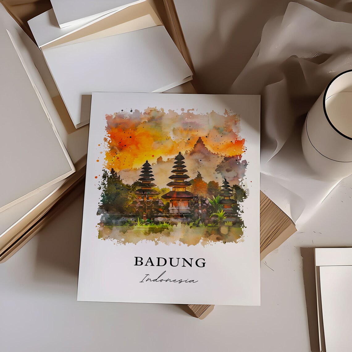 Badung Indonesia Watercolor Balinese Temple Sunset Towers Poster - Image 5