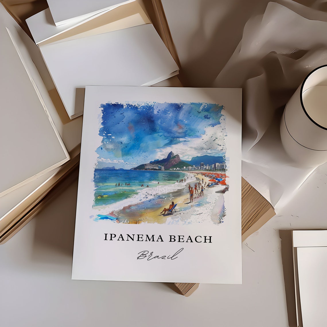 Ipanema Beach Brazil Mountain Backdrop Shoreline Watercolor Art Poster - Image 6