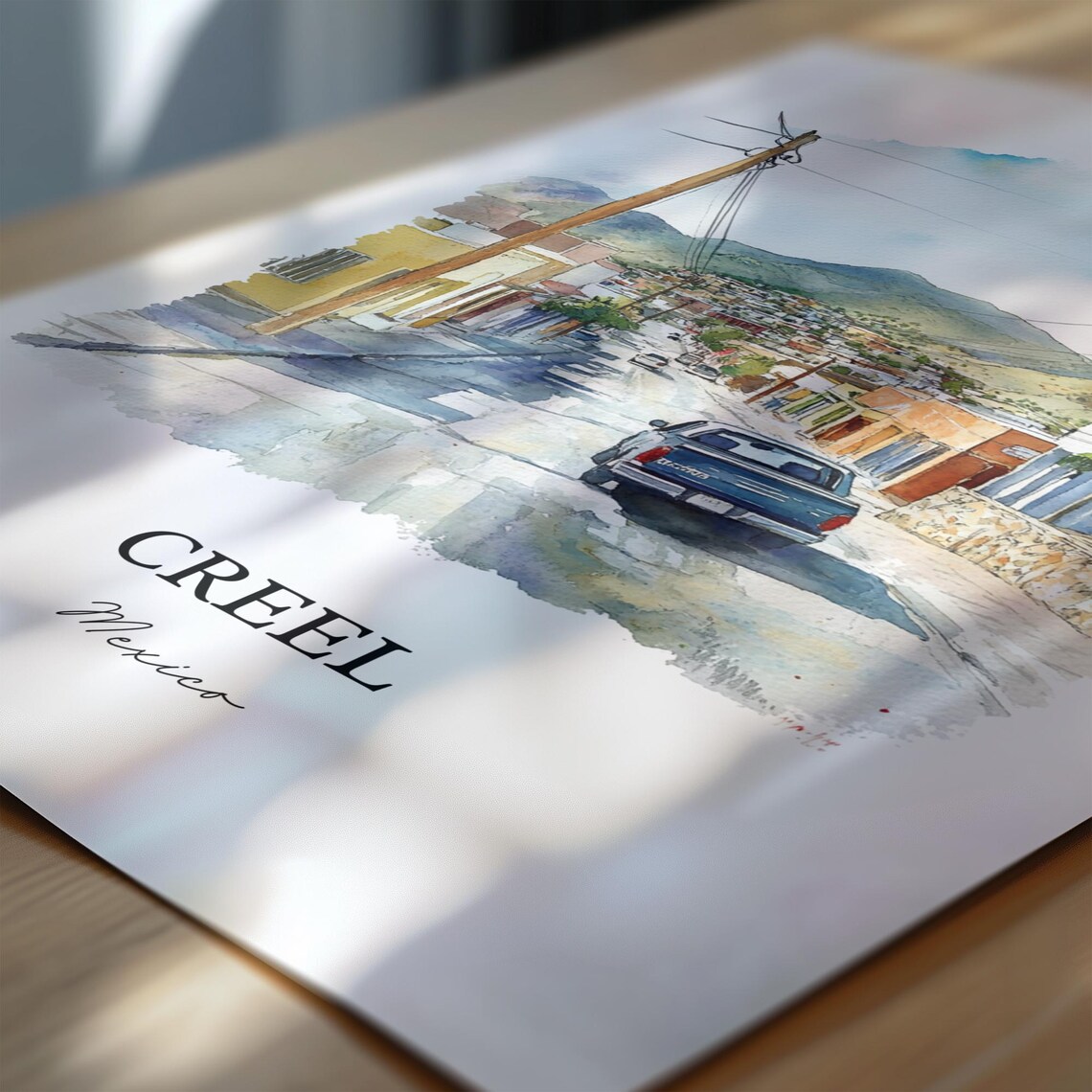 Creel Mexico Mountain Town Street Pickup Truck Watercolor Poster - Image 3