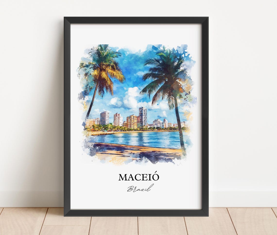 Maceio Brazil Beachfront Palm Trees Watercolor Travel Wall Art - Image 2