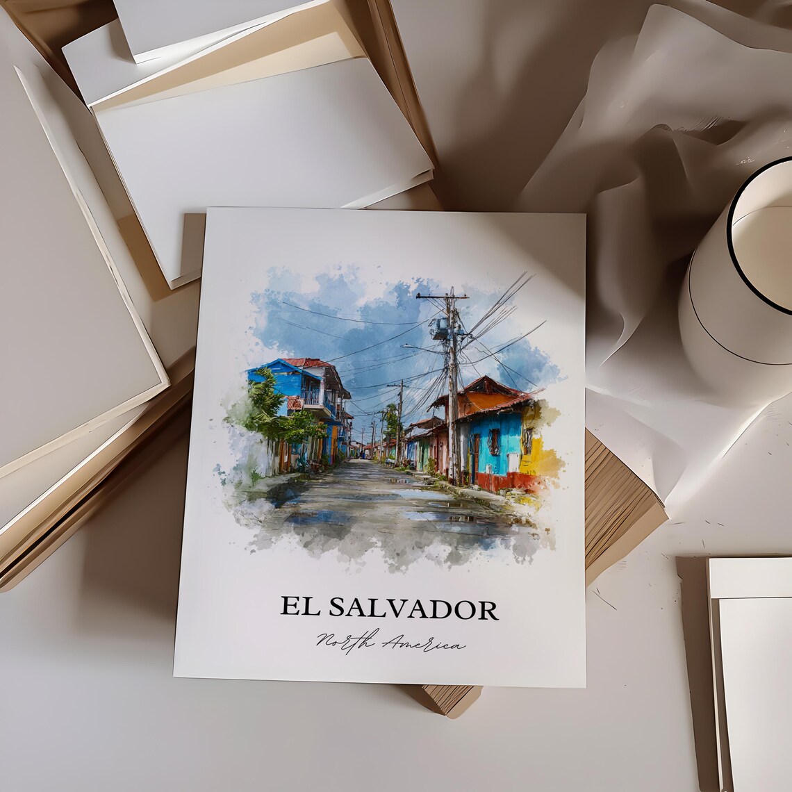 El Salvador Village Street Colorful Houses Watercolor Art Poster - Image 2