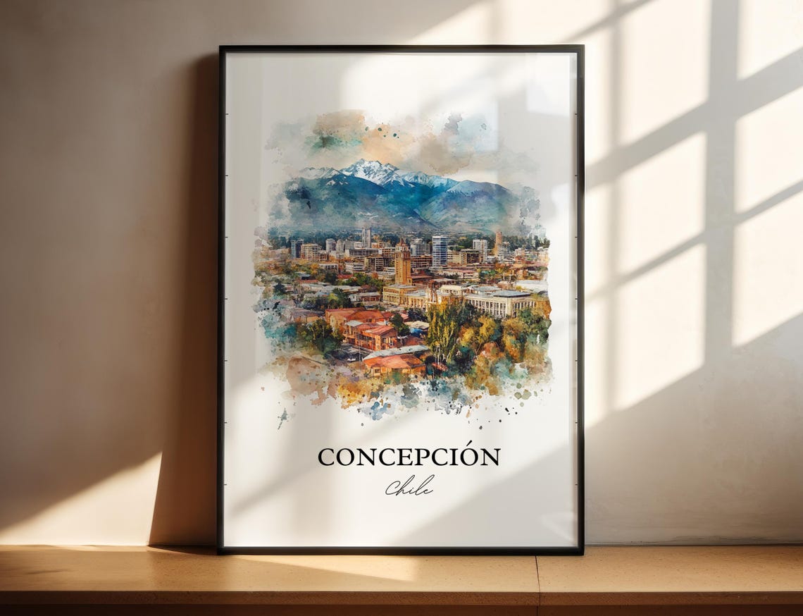 Concepcion Chile Watercolor Snow Capped Andes City View Poster - Image 2