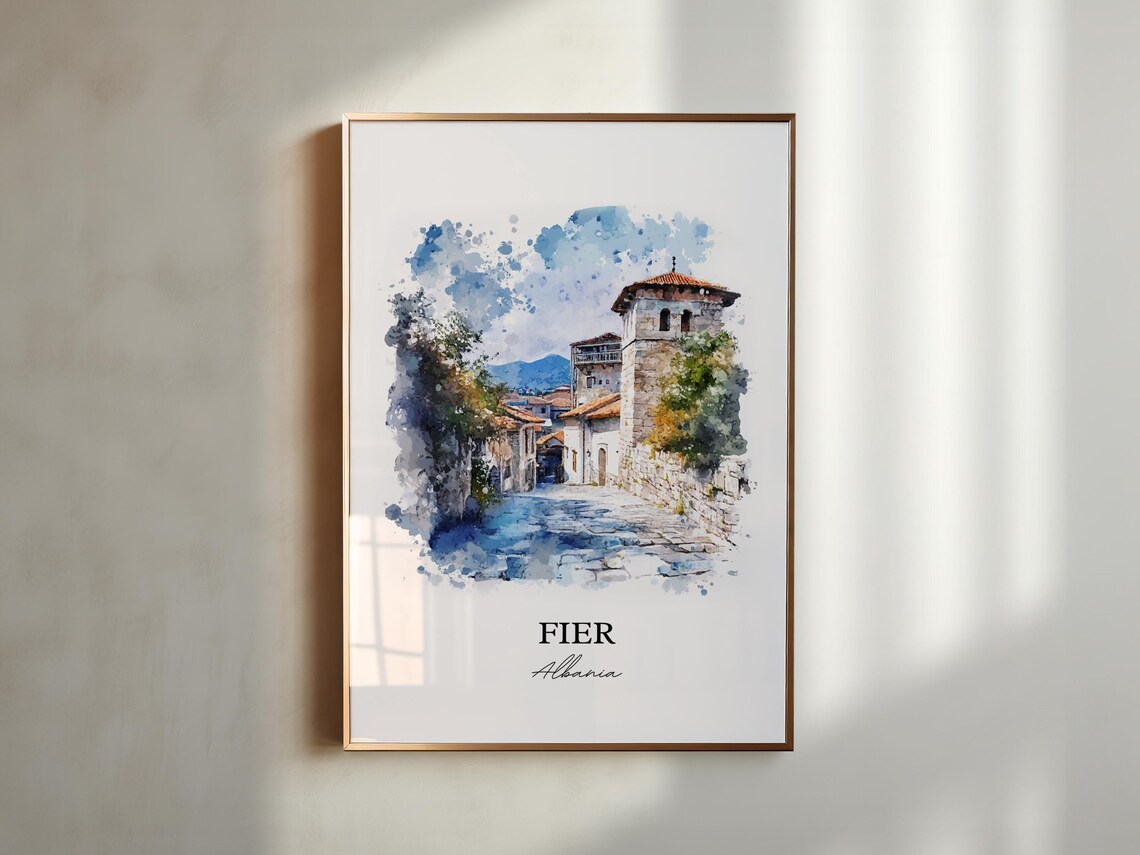 Fier Albania Old Town Stone Street Watercolor Skyline Travel Art Print - Image 4