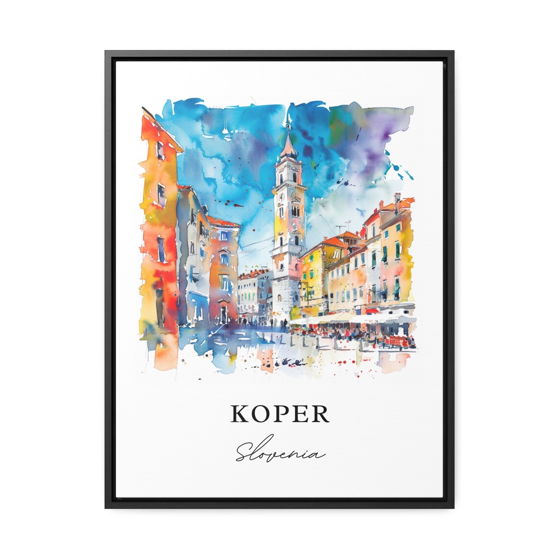 Koper Slovenia Colorful Plaza Bell Tower Watercolor Town Poster - Image 3