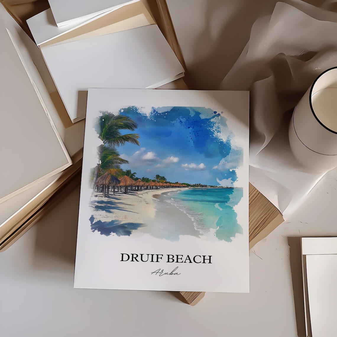 Druif Beach Aruba Watercolor White Sand Palapa Shore Art Poster - Image 5