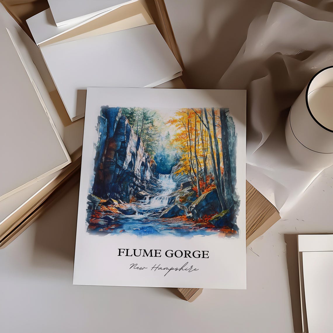 Flume Gorge New Hampshire Waterfall Autumn Watercolor Poster - Image 3