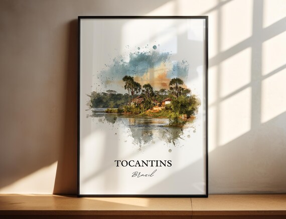 Tocantins Brazil Watercolor River Palm Trees Travel Scenery Art Poster