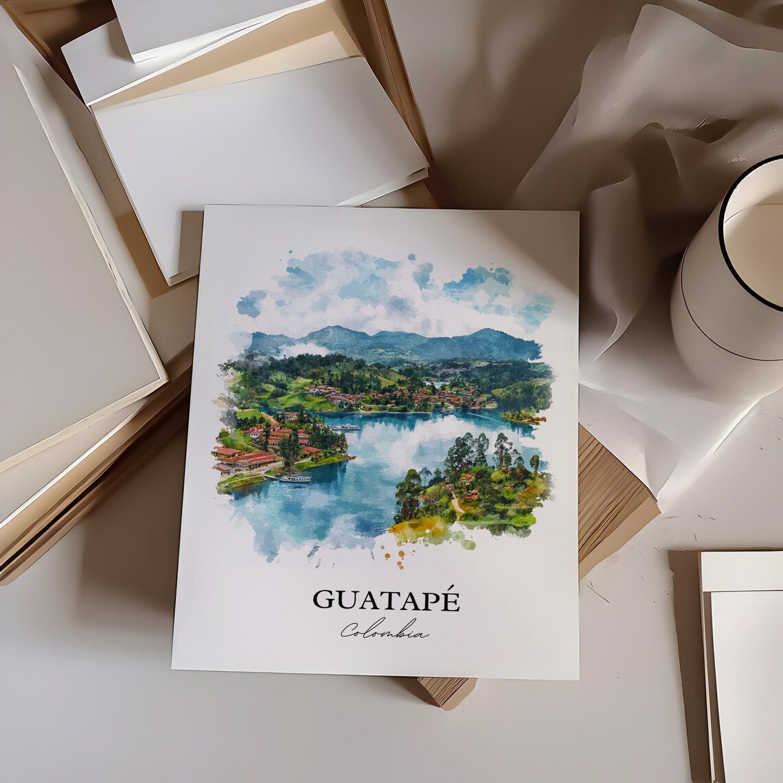 Guatape Colombia Blue Lake Mountain Town Watercolor Travel Poster - Image 4