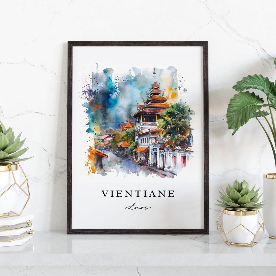 Vientiane Laos Watercolor Temple Street Pagoda Travel Poster - Image 4
