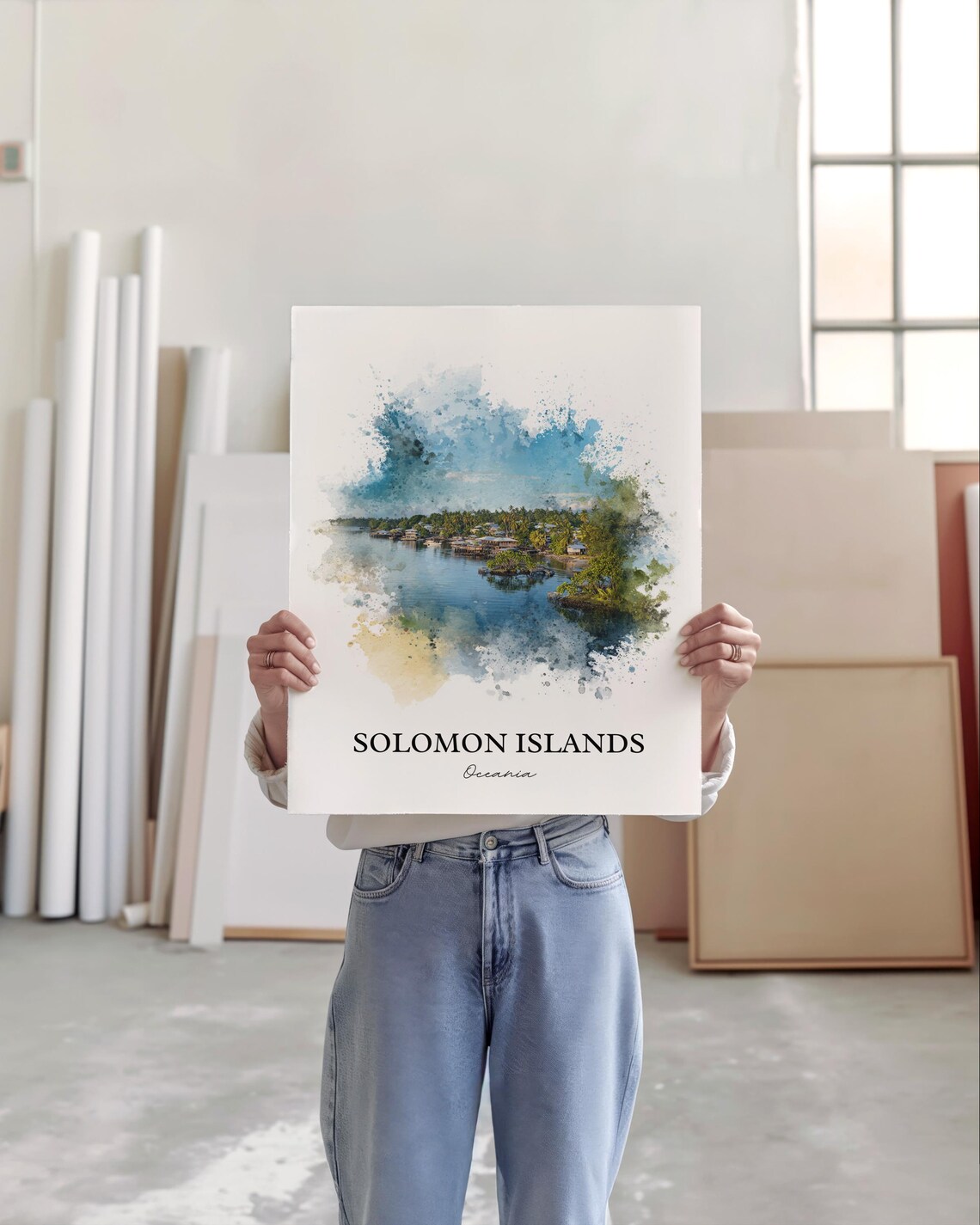Solomon Islands Oceania Waterfront Village Watercolor Art Poster - Image 5