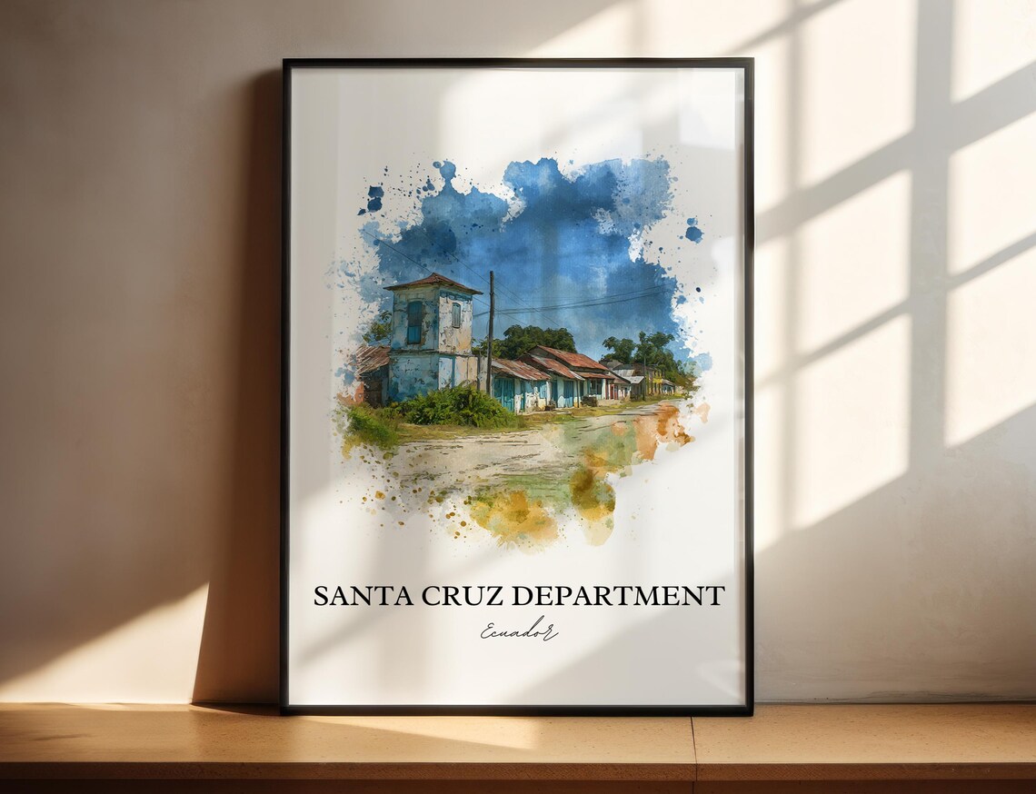 Santa Cruz Department Ecuador Watercolor Village Travel Poster
