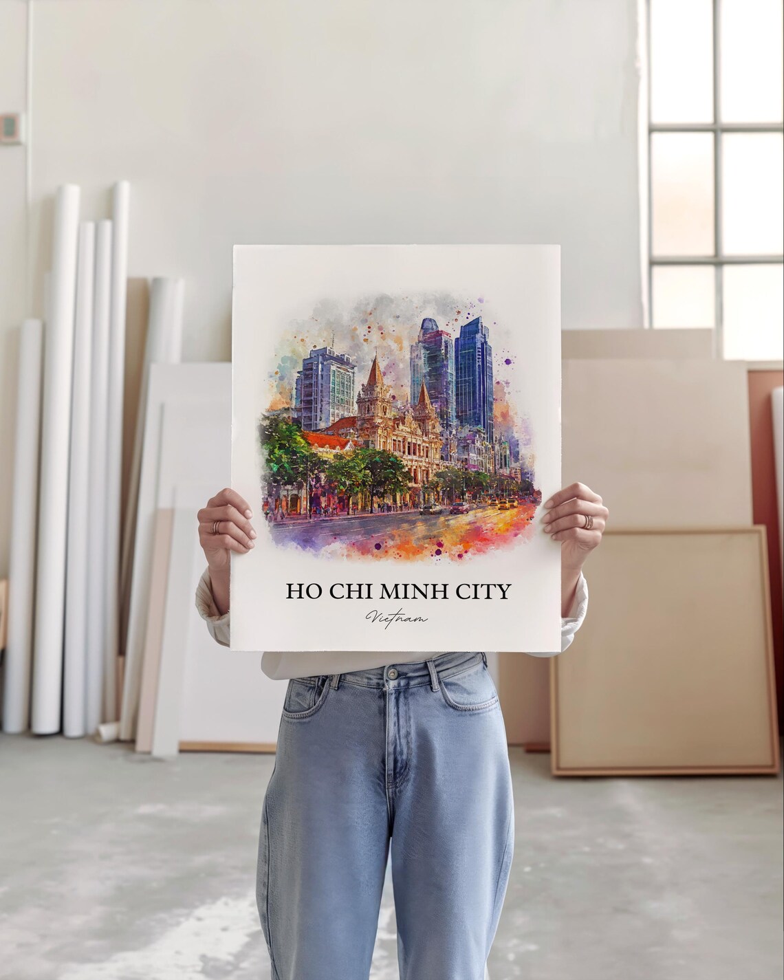 Ho Chi Minh City Vietnam Watercolor Art Colonial Skyline Poster - Image 4