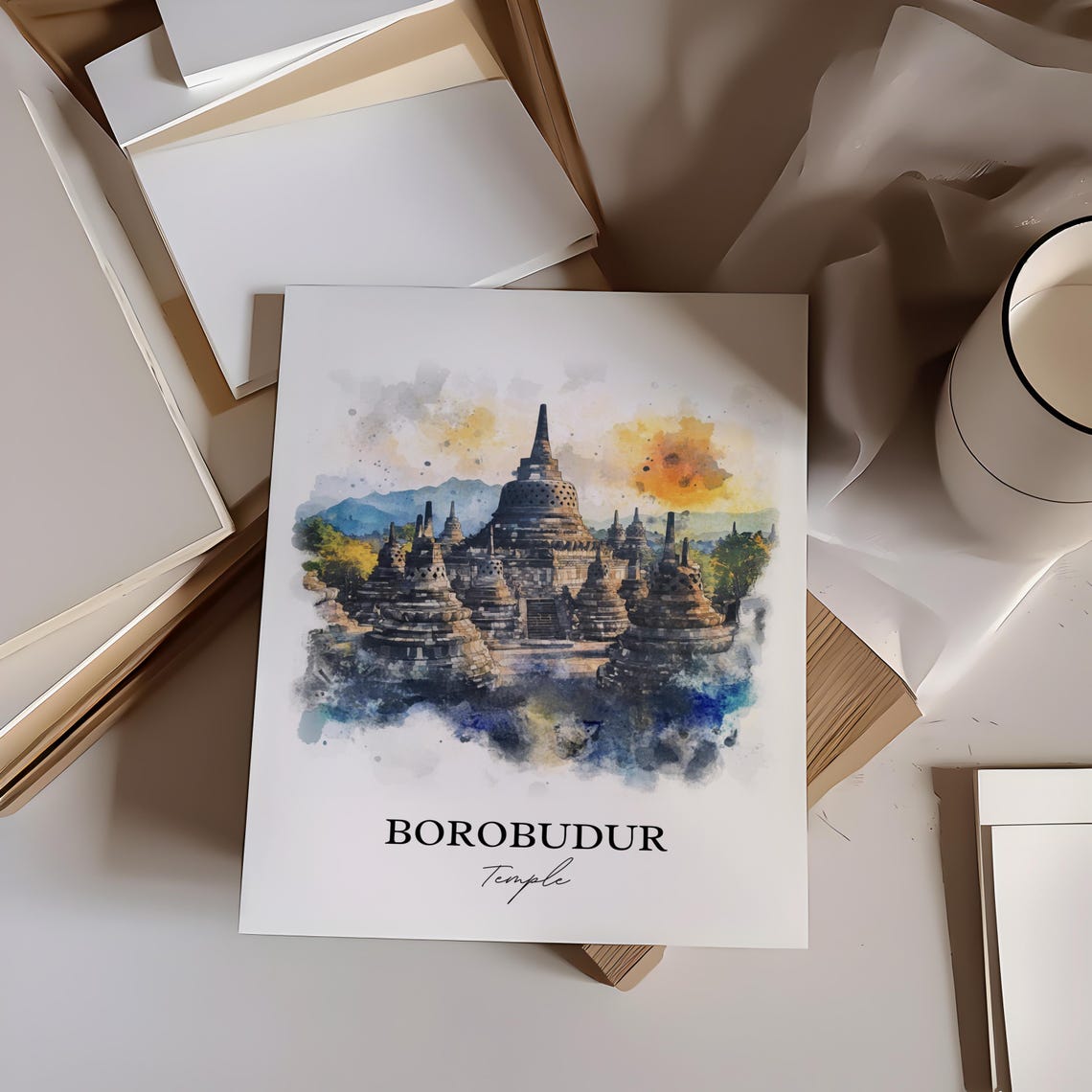 Borobudur Temple Indonesia Stone Stupas Watercolor Travel Poster - Image 2