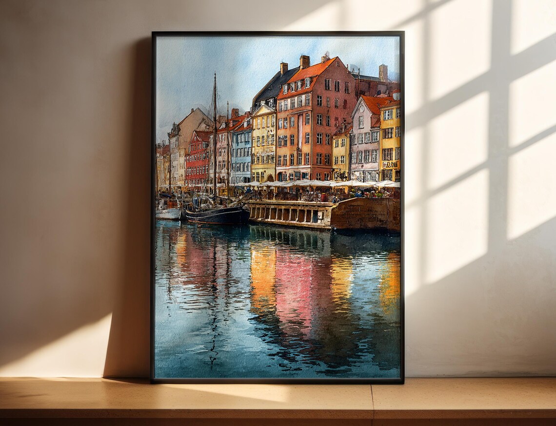 Copenhagen Nyhavn Harbor Colorful Waterfront Watercolor Poster