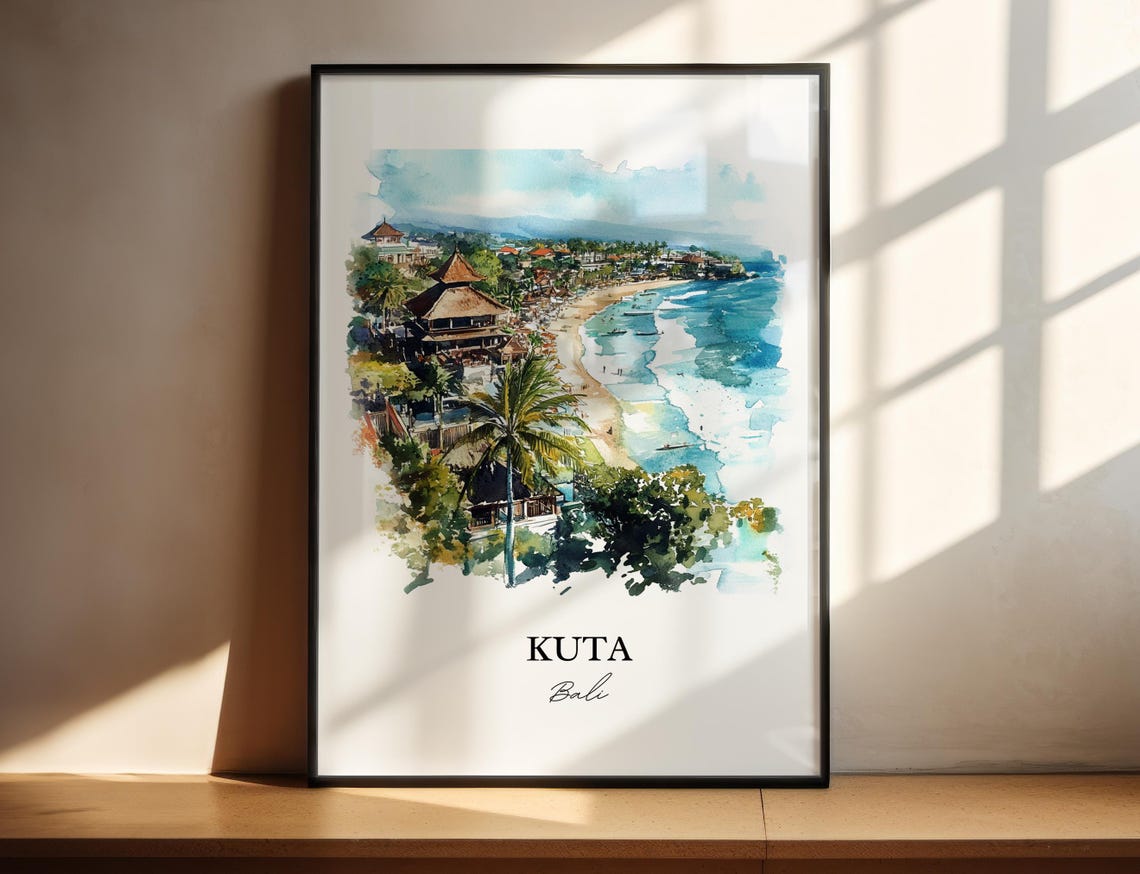 Kuta Bali Watercolor Beach Waves Surf Temple Aerial View Poster