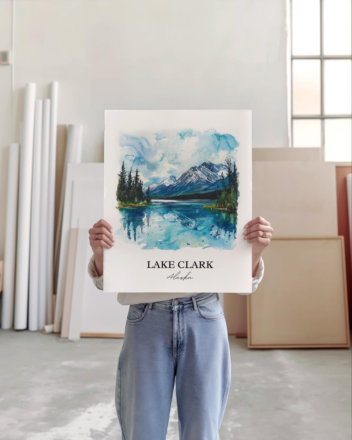 Lake Clark Alaska Mountain Lake Reflection Watercolor Travel Poster - Image 4